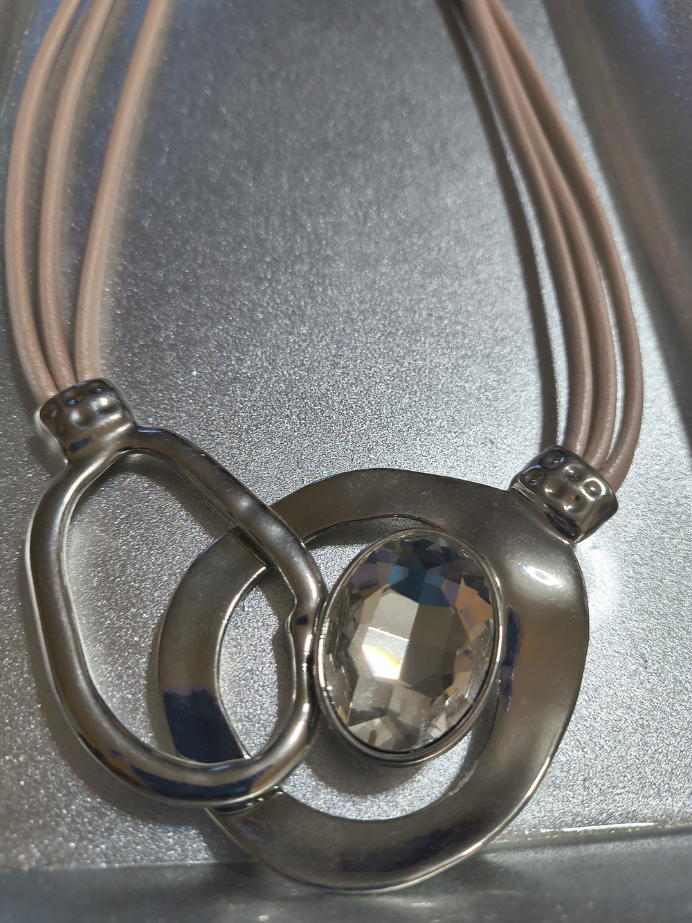 Elegant Pink Leather Look  Cord Necklace with Silver Pendant and Crystal